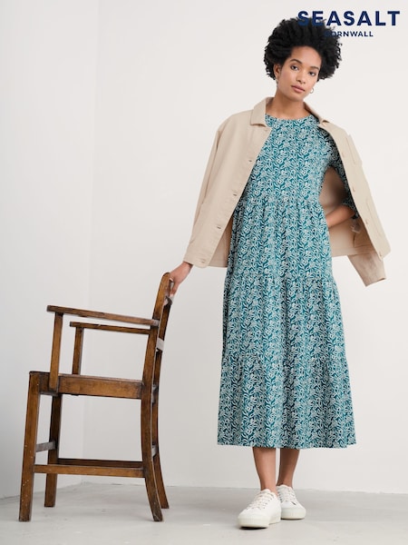 Seasalt Cornwall Blue Tall Line Strokes Tiered Jersey 100% Cotton Dress (F24843) | €64