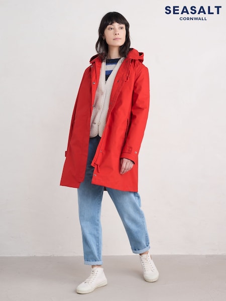 Seasalt Cornwall Red Petite Cloudburst 100% Cotton Waterproof Trench Coat (F24894) | €253