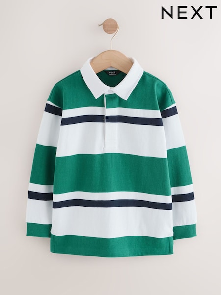 Green/White Long Sleeve Rugby 100% Cotton Polo Shirt (3-16yrs) (F24969) | AED71 - AED97