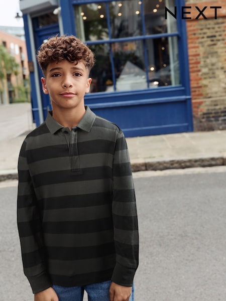 Charcoal/Grey Stripe Long Sleeve Polo Shirt (3-16yrs) (F24970) | 54 QAR - 79 QAR