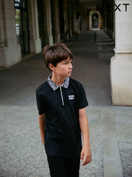 Negro - Geo Collar Zip Neck Polo Shirt (3-16yrs) (F24975) | 14 € - 21 €