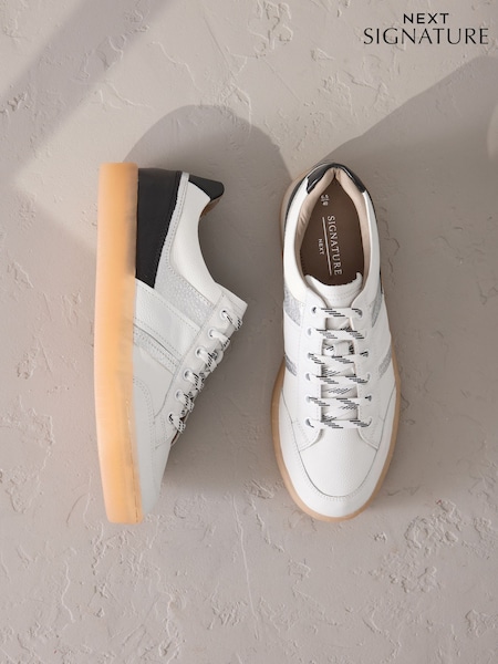 Black/White Signature Premium Leather Chunky Side Stripe Lace Up Trainers (F25022) | €56
