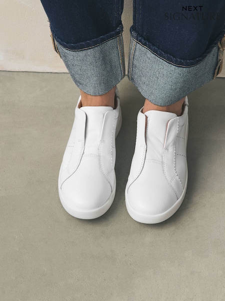 White - Signature Premium Leather Laceless Slip On Trainers (F25024) | € 54