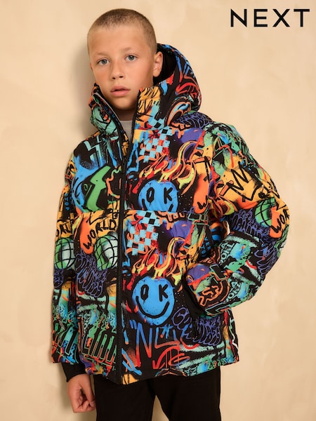 Multicoloured Graffiti Shower Resistant Microfleece Lined Padded Coat (3-17yrs) (F25034) | 158 QAR - 208 QAR