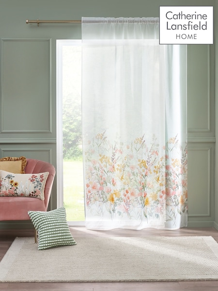 Catherine Lansfield White Countryside Floral Slot Top Voile Curtain Slot Header Panel (F25051) | €15 - €23