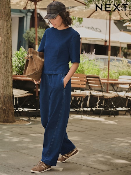 Dark Blue Barrel Leg Denim Jersey Trousers (F25193) | €37