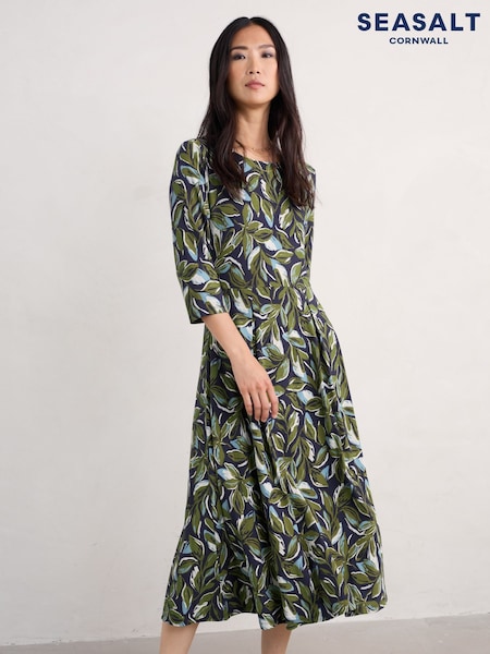 Seasalt Cornwall Green Wild Bouquet 3/4 Sleeve Midi Dress (F25225) | €46