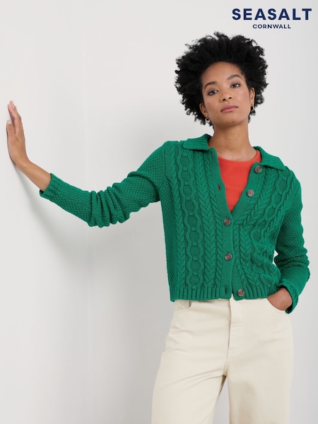 Seasalt Cornwall Forest Ridge Cable Knit Collared 100% Cotton Cardigan (F25240) | € 90