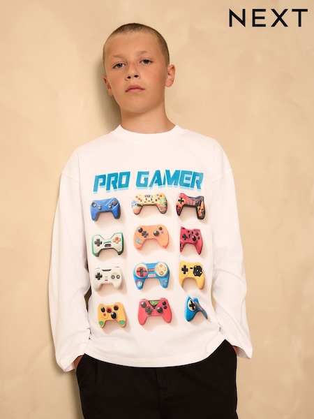 White Gamer Relaxed Fit Graphic Print Long Sleeve 100% Cotton T-Shirt (3-16yrs) (F25270) | AED51 - AED66