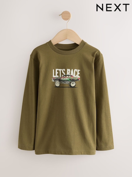 Khaki Green Car Relaxed Fit Long Sleeve Graphic Print 100% Cotton T-Shirt (3-16yrs) (F25292) | R$ 80 - R$ 110