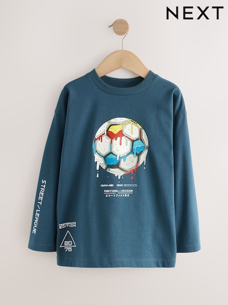 Mid Blue Football Relaxed Fit Graphic Print Long Sleeve Cotton T-Shirt (3-16yrs) (F25293) | €12 - €17
