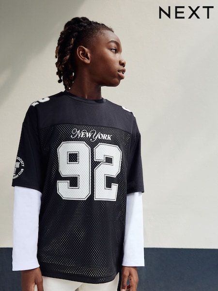 Black/White Varsity Short and Long Sleeve T-Shirt 2 Piece Set (3-16yrs) (F25297) | 84 QAR - 99 QAR