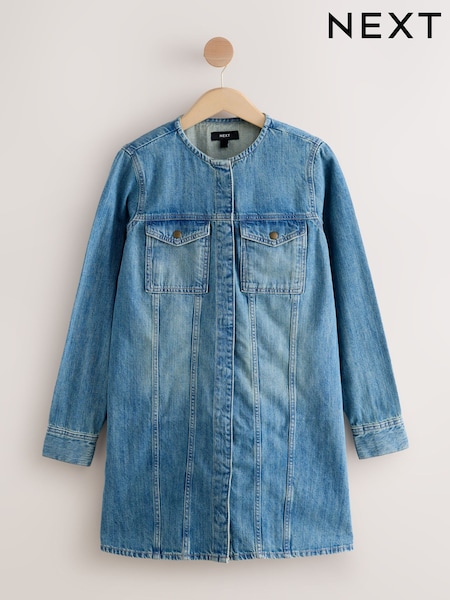 Green Tint Collarless Long Sleeve Denim 100% Cotton Mini Dress (F25342) | R$ 365