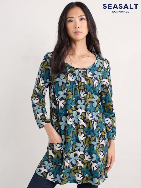 Seasalt Cornwall Blue Busy Lizzy 3/4 Sleeve Slub 100% Cotton Jersey Tunic (F25406) | AED154