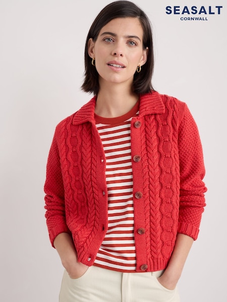Seasalt Cornwall Forest Ridge Cable Knit Collared 100% Cotton Cardigan (F25407) | 448 LEI
