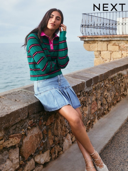 Denim albastru nuanță medie - Pleated Denim Mini Skirt (F25431) | 224 LEI