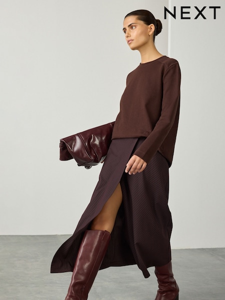 Chocolate Brown Long Sleeve Heavyweight Crew Neck T-Shirt (F25465) | 85 QAR