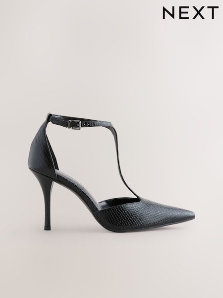 Black Lizard Effect Forever Comfort® Leather T-Bar Pointed Toe Heels (F25468) | OMR25