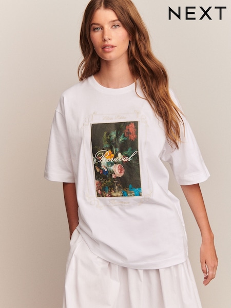 White Floral Graphic Embrodiered T-Shirt (F25470) | 117 QAR