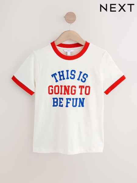 Ecru - Short Sleeve Crewneck Graphic Print Contrast Ringer T-Shirt (F25471) | R$ 140