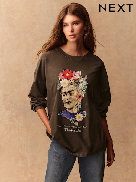 Charcoal Grey Frida Kahlo Graphic Long Sleeve T-Shirt (F25475) | R$ 245