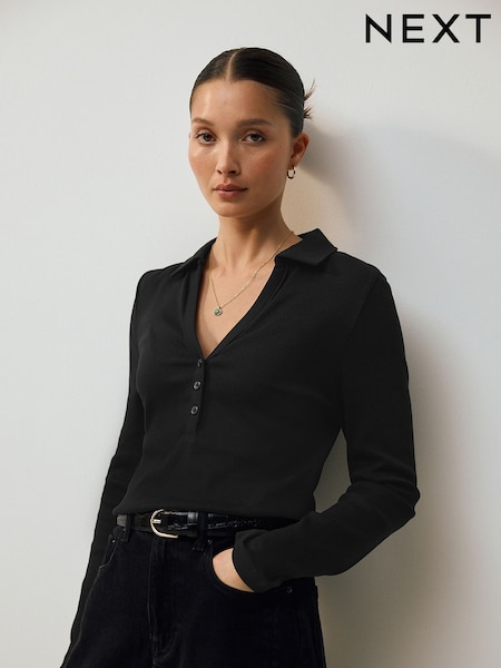 Schwarz - Henley Long Sleeve Button Down Top (F25479) | 30 €
