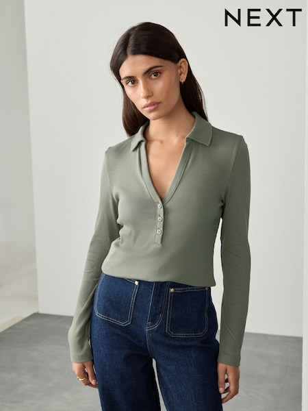 Verde sálvia - Henley Long Sleeve Button Down Top (F25480) | R$ 175