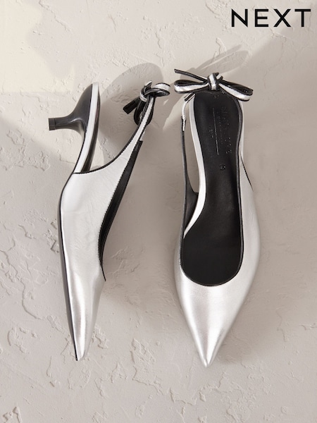 Silver Forever Comfort® Premium Leather Pointed Toe Bow Slingback Heels (F25494) | €92