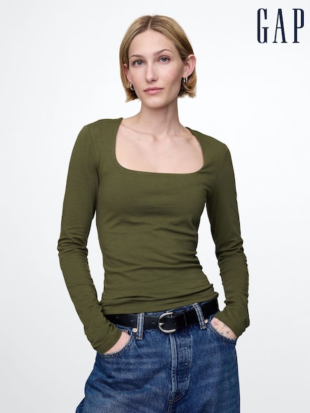 Gap Khaki Green Square Neck Long Sleeve Top (F25516) | €22.50