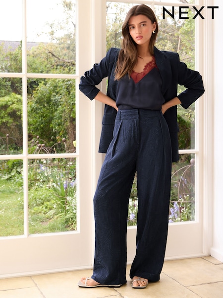 Navy Satin Jacquard Wide Leg Trousers (F25726) | €61.50