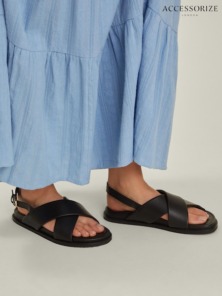 Accessorize Black Cross Strap Leather Sandals (F25773) | ₪201