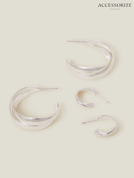 Accessorize Silver Sterling Plated Chunky Twist Hoop Earrings 2 Pack (F25782) | AED167