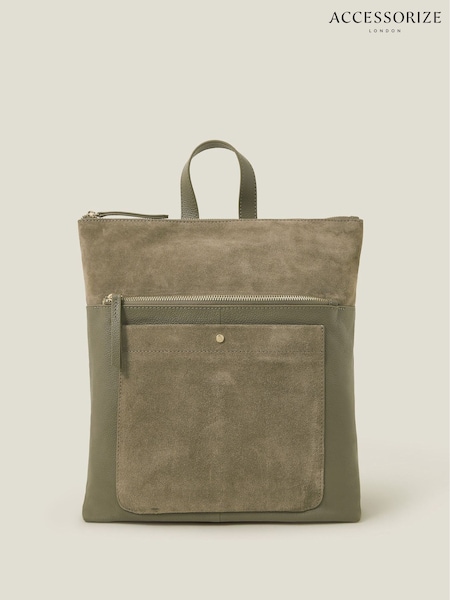 Vihreä - Accessorize Suede Leather Backpack (F25835) | €102