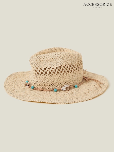 Accessorize Natural Shell Beaded Straw Stetson Hat (F25845) | €42