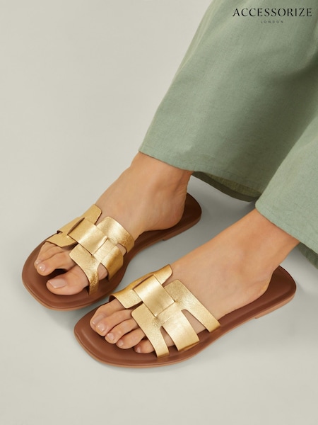 Accessorize Gold Wide Fit Metallic Leather Cut-Out Slide Sandals (F25859) | €42