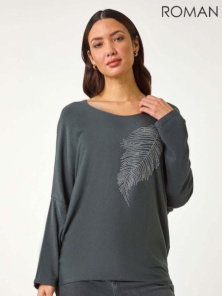 Roman Grey Hotfix Feather Stretch Knit Top (F25875) | €53