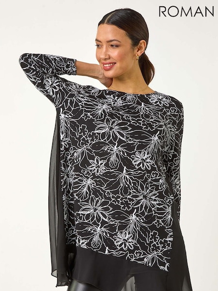Roman Black Floral Print Mesh Hem Tunic Top (F25878) | AED262