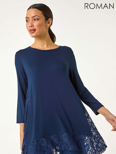 Roman Blue Lace Floral Print Hem Tunic Top (F25888) | €51