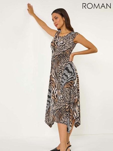 Roman Brown Animal Print Hanky Hem Midi Dress (F25890) | €69