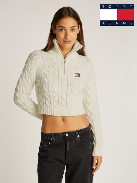 Tommy Jeans White Reg Quarter Zip 100% Cotton Sweatshirt (F26023) | 573 LEI