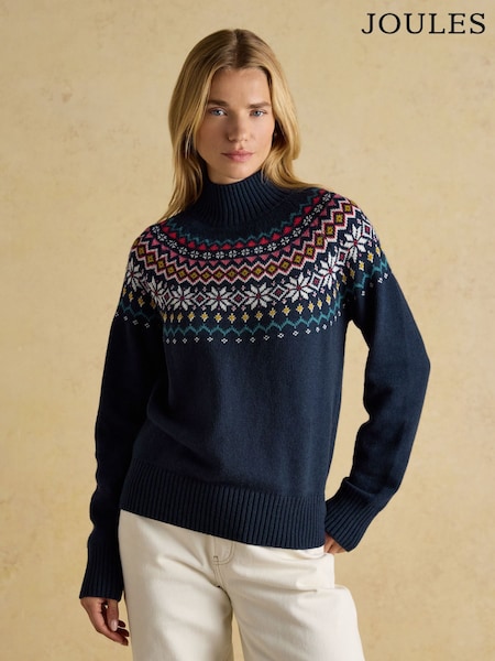 Joules Alba Navy Fairisle High Neck Cotton-Blend Jumper (F26046) | € 108