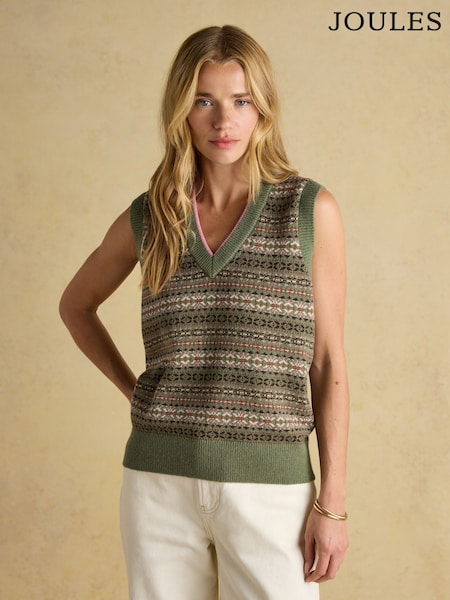 أخضر - Joules Islay V Neck Fairisle Cotton Rich Vest (F26052) | ‏344 د.إ.‏