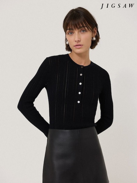 Jigsaw Black Rib Pointelle Henley Jumper (F26069) | €126