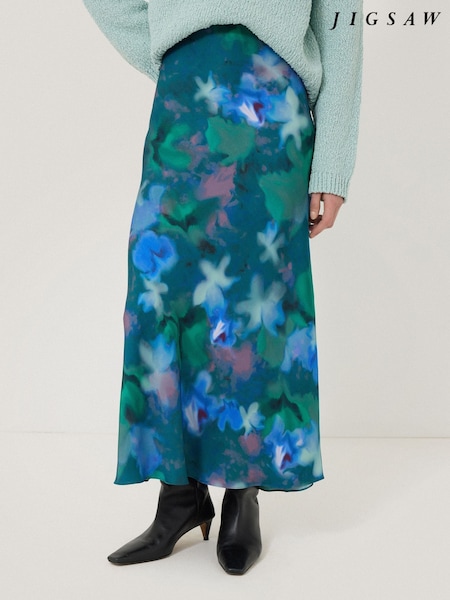 Jigsaw Green Floral Print Mist Midi Skirt (F26080) | ₪729