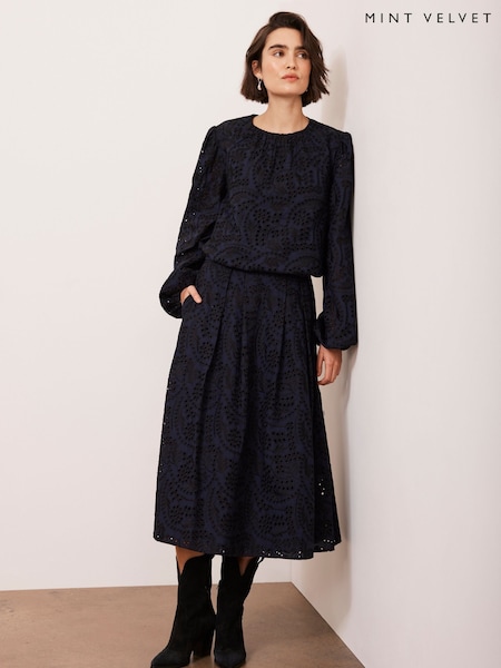 Mint Velvet Broderie 100% Cotton Midi Skirt (F26160) | ‏498‏₪