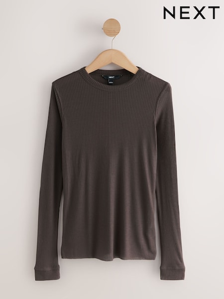 Chocolate Brown Sheer Crew Neck Long Sleeve Top (F26217) | €20.50