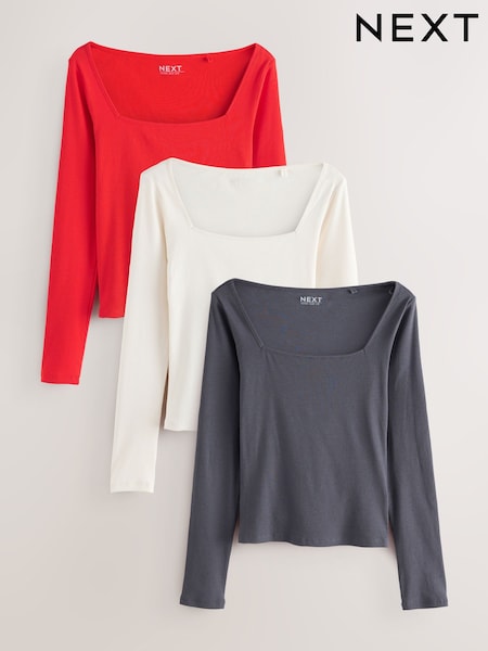 Grey/Ecru/Red 3 Pack Square Neck Ribbed Long Sleeve Top (F26231) | €45
