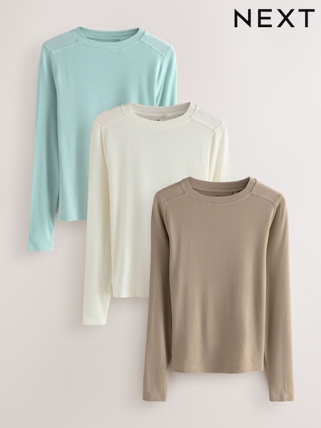 Ecru/Seafoam Green/Neutral 3 Pack Long Sleeve Crew Neck Top Containing TENCEL™ Lyocell (F26242) | SGD 60