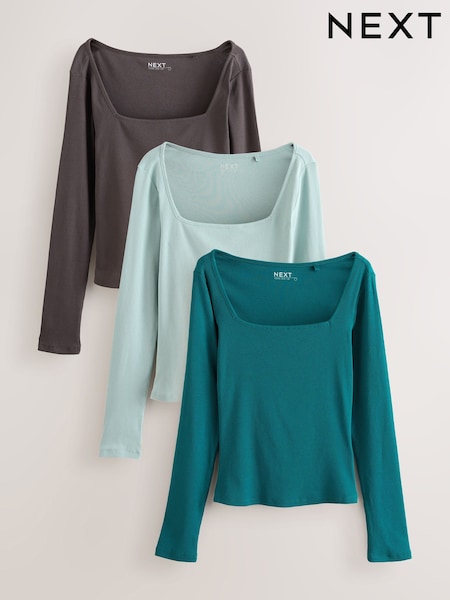 Ardósia/Espuma do mar/Azul-petróleo - 3 Pack Square Neck Ribbed Long Sleeve Top (F26246) | R$ 365