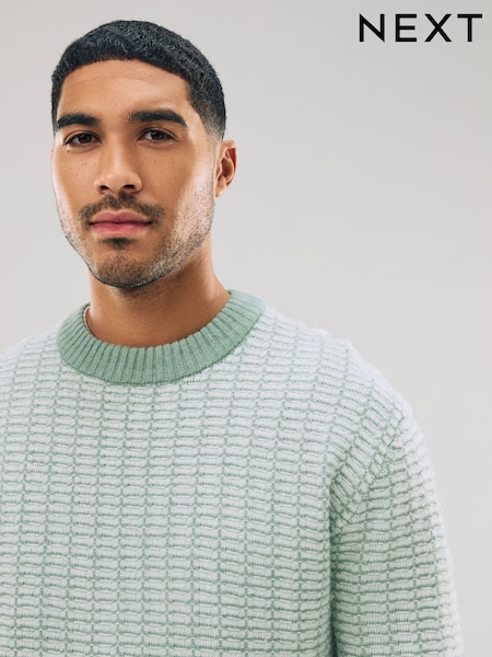 Sage Green Regular Fit Geometric Textured Crew Neck Jumper with Wool (F26295) | €51